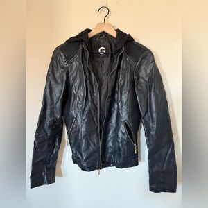 G by Guess Faux Leather Hoodie Black Jacket